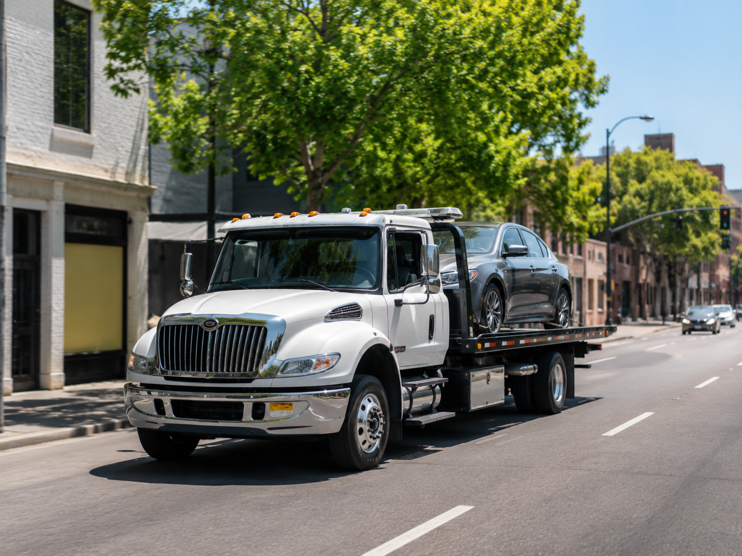 Tow truck near Sacramento skyline